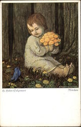 Young Child holding Flowers near a Blue Bird Postcard