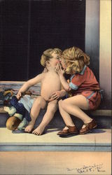 Young Boy and Girl Kissing on the Steps Children Postcard Postcard