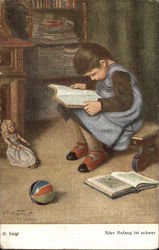 Young Girl Reading a Book with her Toys Postcard