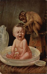 Baby Crying in Bath with Monkey Grooming Head Babies Postcard Postcard