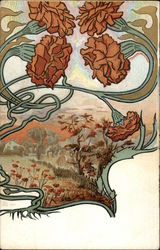 Art Nouveau Carnations and Pastoral Scene Postcard