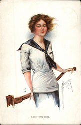 "Yachting Girl" in Sailor Suit with Windblown Hair Artist Signed Postcard Postcard