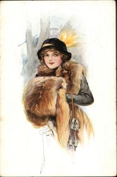 Woman wearing Black Hat, Fox Stole, and Muff Artist Signed Postcard Postcard