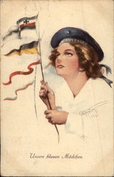 Sailor "Our Blue Girl" - Wearing Beret & Holding Flags Women Postcard Postcard