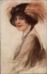 Portrait of Woman in Plumed Black Hat Postcard