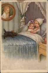 Little Children Tucked in Bed with a Kitten Postcard