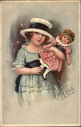 Child in Blue Dress holding Doll in Pink Dress Girls Postcard Postcard