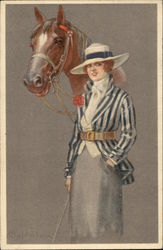 Woman in Blue standing with Horse Horses Postcard Postcard