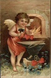 Love's Greeting - Cherub Forging Hearts on Anvil Postcard