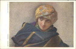 "Curious" - Woman in Gold Turban and Gold Earrings Women Postcard Postcard