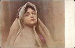 Portrait of Woman in Veil with Purple Flowers Postcard