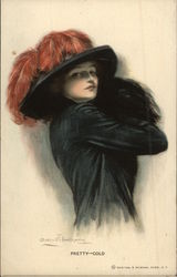 "Pretty - Cold" - Woman in Black Hat with Red Plumes Women Postcard Postcard