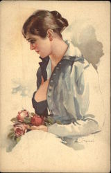 Profile of Woman in Blue holding Red Flowers Postcard