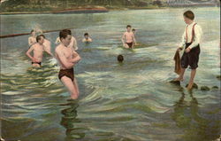 Boys Swimming in River Postcard