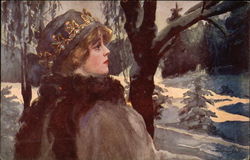 Woman in Jeweled Hat Standing in the Snow Postcard