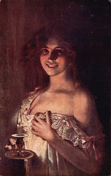 Portrait of Woman in Nightgown by Candlelight Postcard