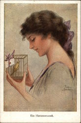 Young Woman holding a Small Bird in a Cage Women Postcard Postcard