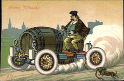 Touring Milwaukee, With Man Driving Beer-Barrel Car, Plus Dog Breweriana Postcard Postcard