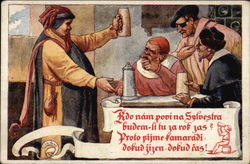 Medieval Men Drinking from Tankards Breweriana Postcard Postcard