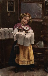 Young German Girl Carrying Tankards of Ale Breweriana Postcard Postcard