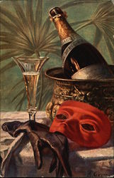 Champagne Bottle and Glass, With Mask and Gloves Carnival Postcard Postcard