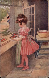 Little Girl in Pink Making Heart Shaped Cookies Children Postcard Postcard