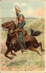 Cowboy with Lasso Riding Horse Cowboy Western Postcard Postcard