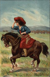 Cowgirl Riding Horseback on Prairie Cowboy Western Postcard Postcard