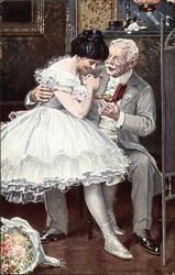 Ballerina in White Receiving Gift from Old Gentleman Postcard