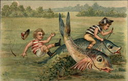 Children dressed like Jockies riding the backs of Big Fish Postcard Postcard