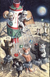 Astronaut Cats in Rocket on Crater Covered Planet Postcard