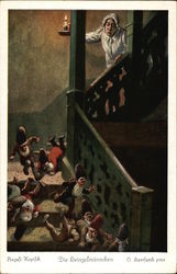 Woman holding Candle as Elves Tumble Down Stairway Fantasy Postcard Postcard