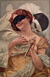 Masquerade Couple - Peirrot Kissing Woman's Neck Couples Postcard Postcard