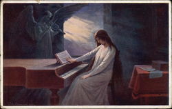 Posiednf akordy - Woman At A Piano With Angel Women Postcard Postcard