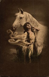 Woman Standing with White Horse in the Moonlight Postcard