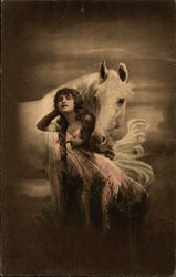 Woman Standing with White Horse in the Moonlight Postcard