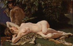 Faun and Nymph - Nude Woman Reclining on Fur Postcard