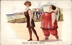 Women in Bathing Costumes, One is Thin and One is Chubby Comic, Funny Postcard Postcard