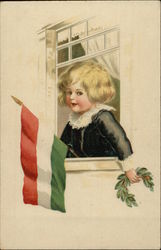 Young Boy holding Flag Of Hungary out Window Postcard