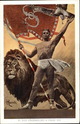 Muscle Man holding Flag beside Lion and Hawk Postcard