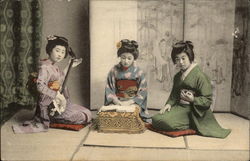 Geisha Girls Kneeling on Mats Asian Postcard Postcard