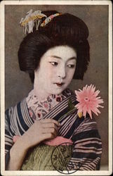 Geisha Girl holding Pink Flower Postcard