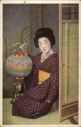 Geisha Girl Kneeling with Paper Lantern Asian Postcard Postcard