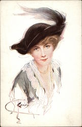 Portrait of Woman in Black Hat with Plume Women Postcard Postcard