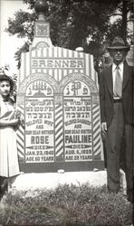 Man and Woman next to Jewish Headstone "Brenner" Postcard