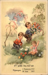 Young Children Gathering Flowers in a Meadow Judaica Postcard Postcard