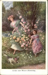 Girls Playing Among the Flowers with a Small Dog Postcard