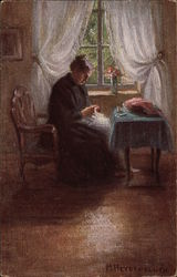 Woman in Black Sewing by the Window Women Postcard Postcard