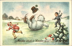 Children Ice Skating with a Snowman Postcard