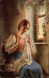 A Woman Sewing Postcard